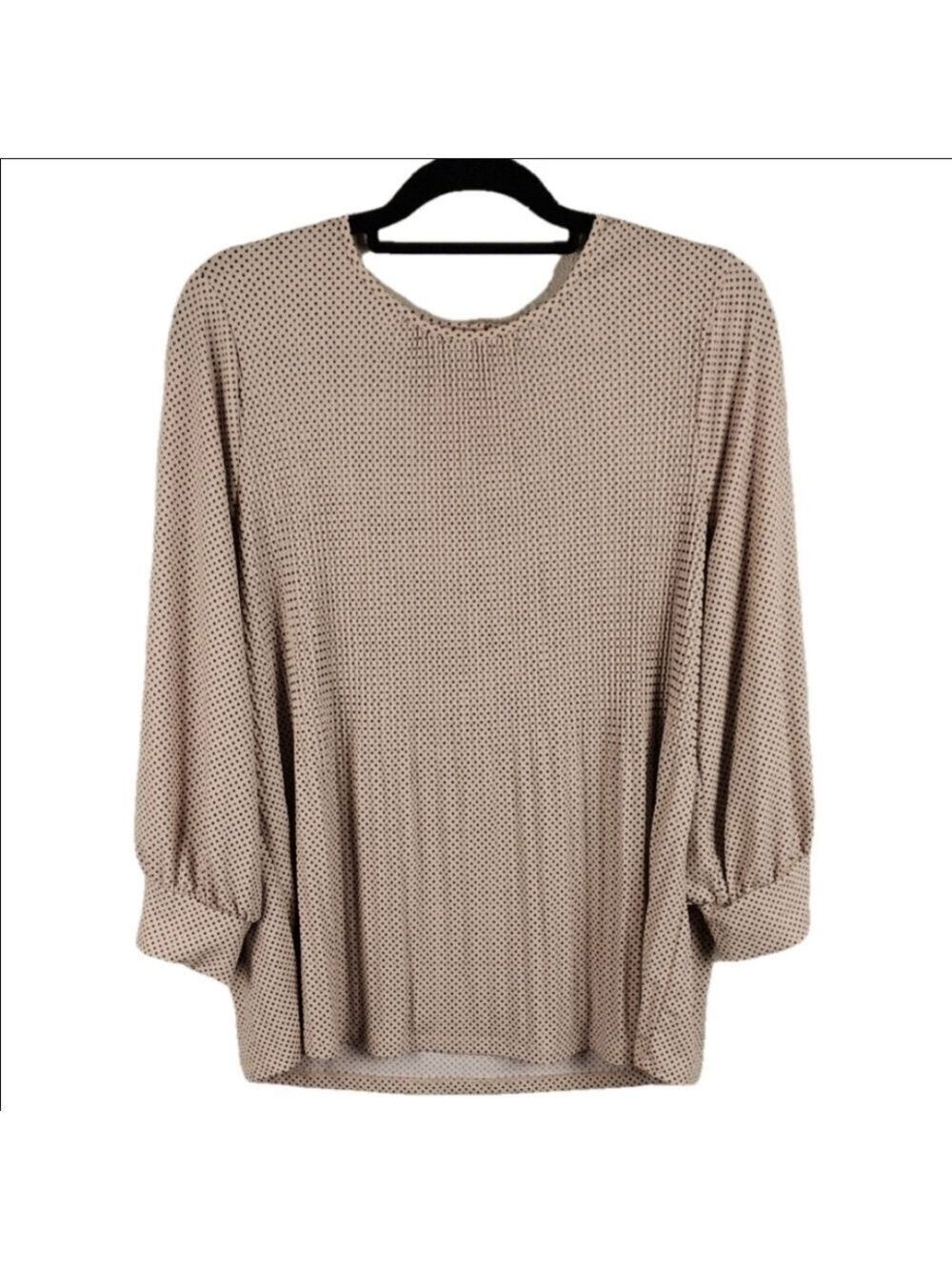 Adrianna Papell Tan Pink Polka Dot Round Neckline Long Sleeve Keyhole Back Top